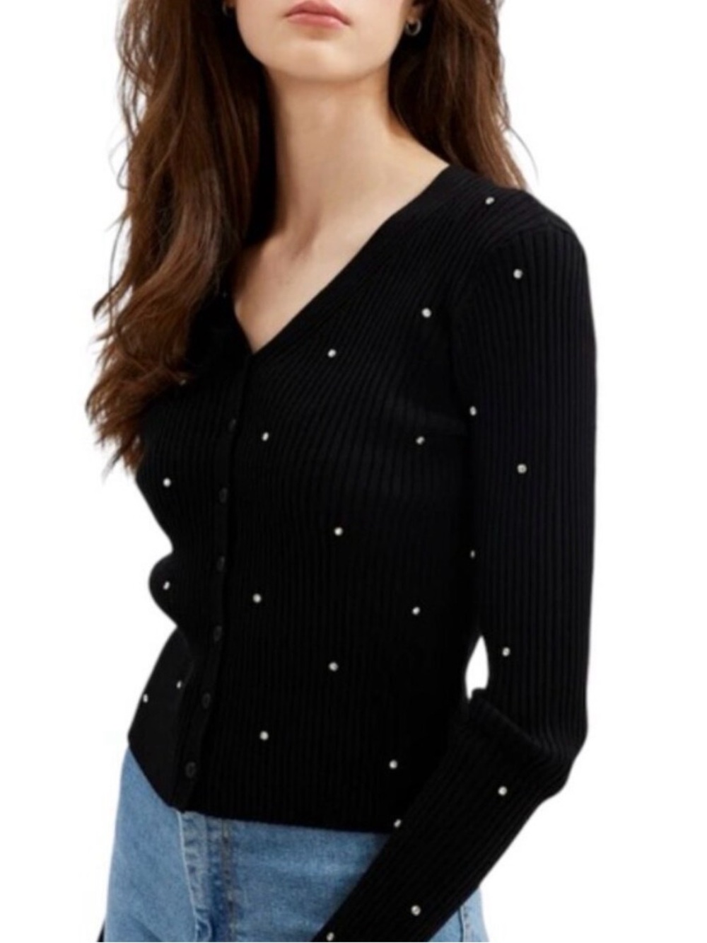 H&M Black Ribbed V-Neck Cardigan with Rhinestones